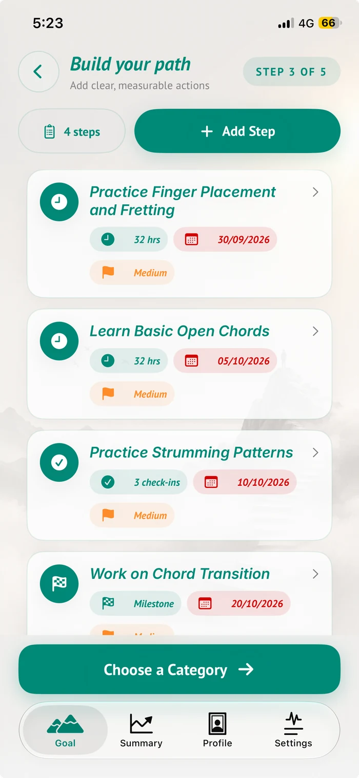 The app’s goal steps screen