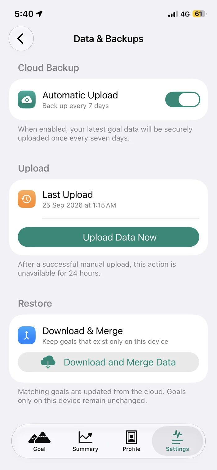 My Goal Data and Backups screen