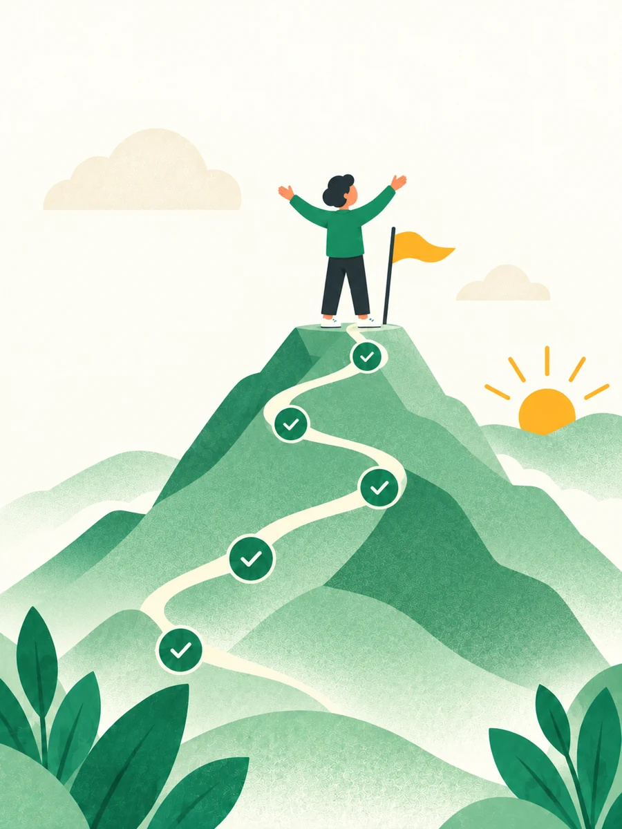 An illustrated climber celebrating a hard-earned milestone