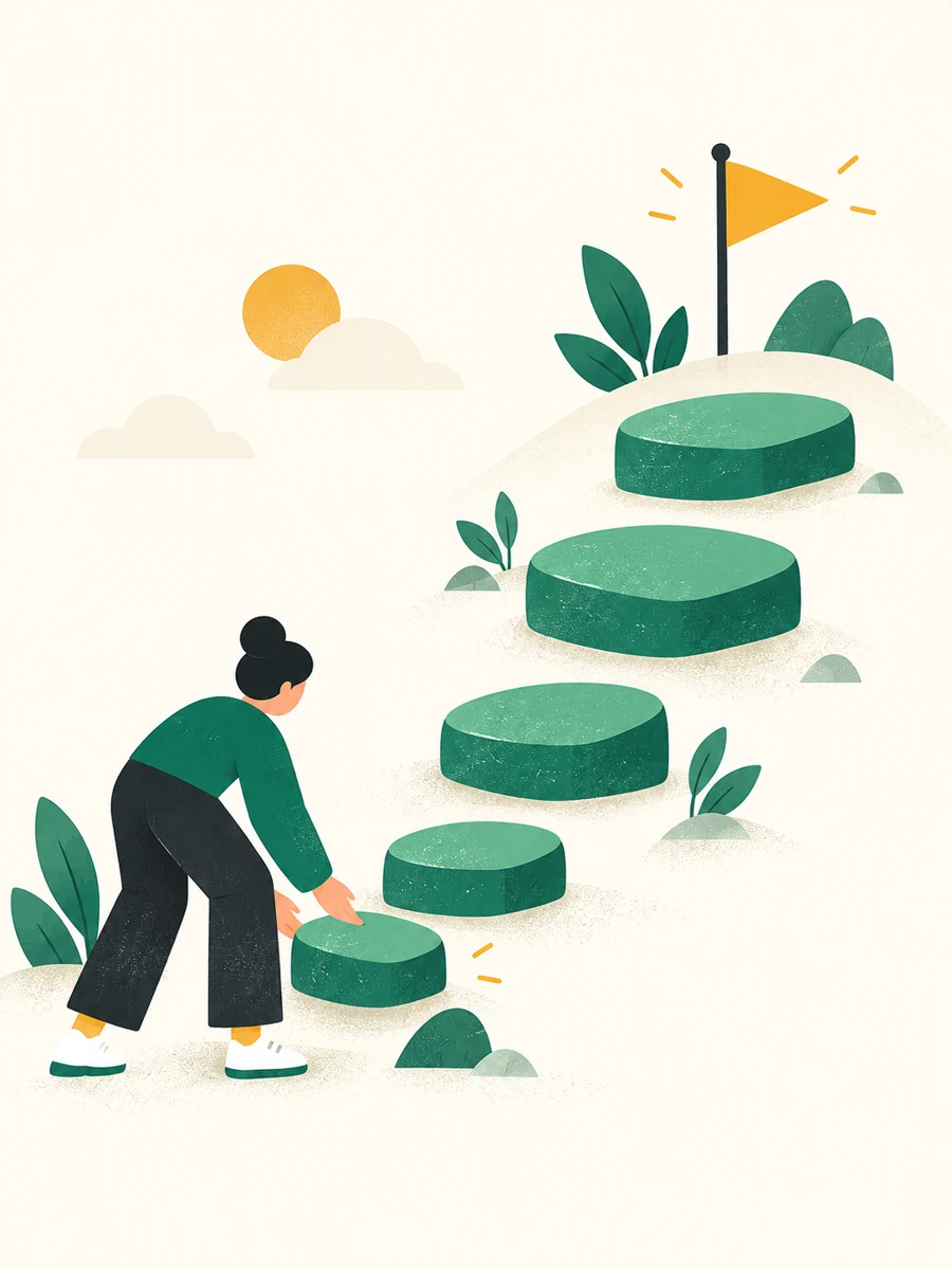 An illustrated person assembling small steps toward a flag